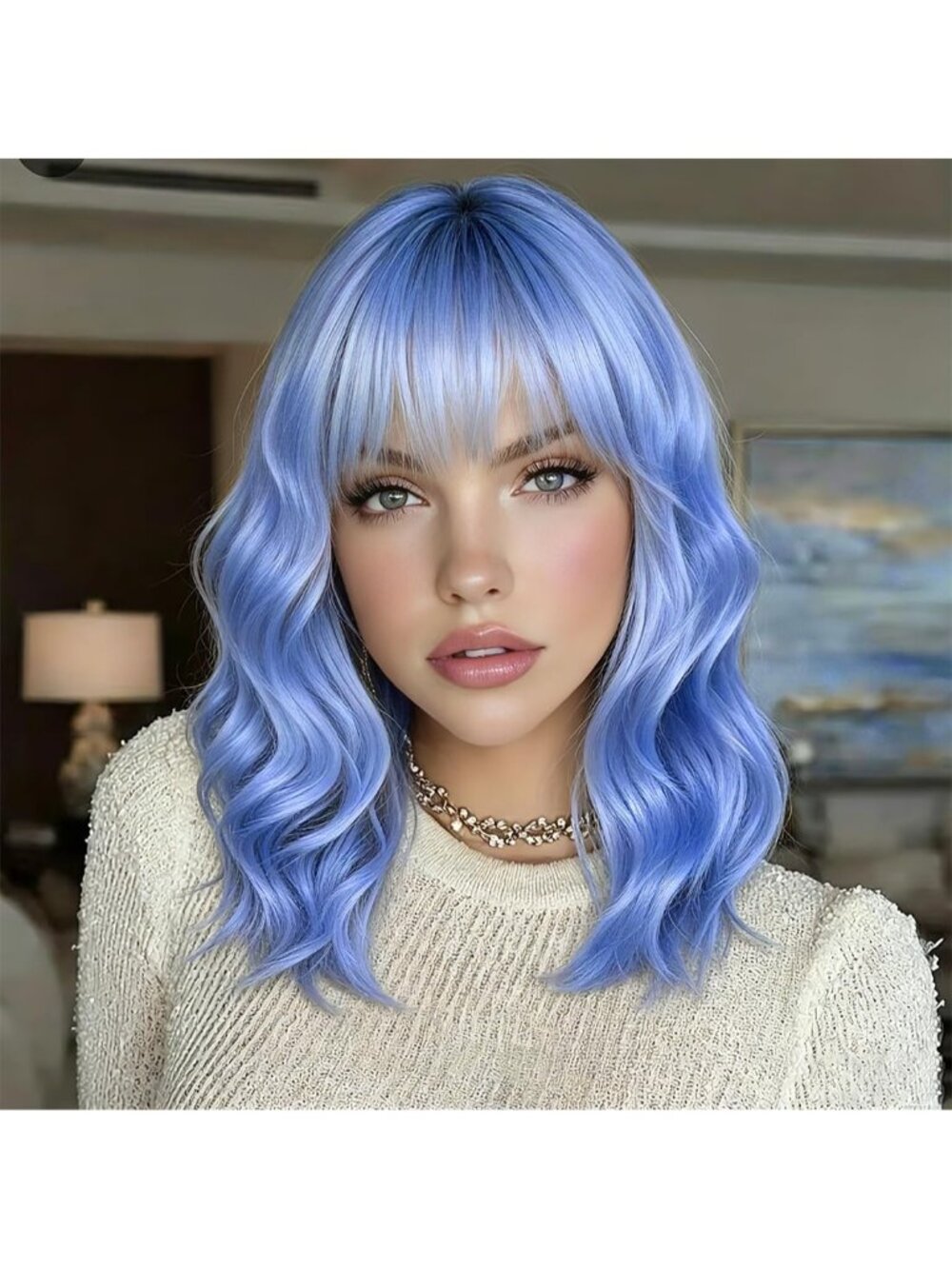 Women's Powder Blue Wavy Synthetic Shoulder Length Sweetie Bob Wig Bangs